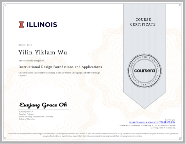 Coursera certificate — Instructional Design Foundations and Applications